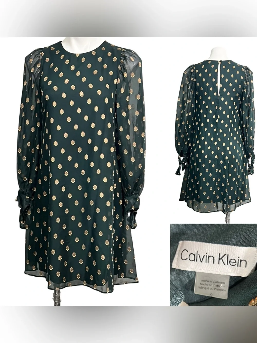 Calvin‎ Klein Dress Sz 2 Gold Foil Dot Print Emerald Green office summer